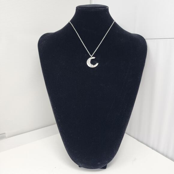 Silver Crescent Moon Cubic Zirconia Necklace - Picture 3 of 5